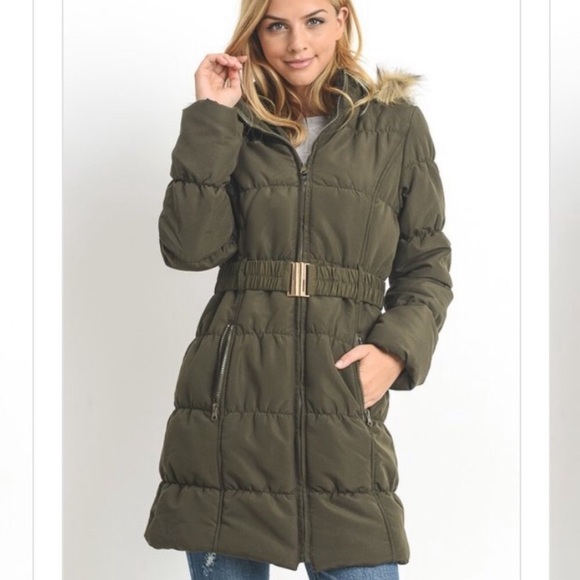 Penna&Pine Jackets & Blazers - Long Olive Green Hooded Puffer Faux Fur Belted Parka Coat
